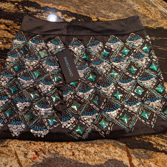 new Marciano black satin mini skirt size 6 with jewels encrusted around skirt - Picture 2 of 5